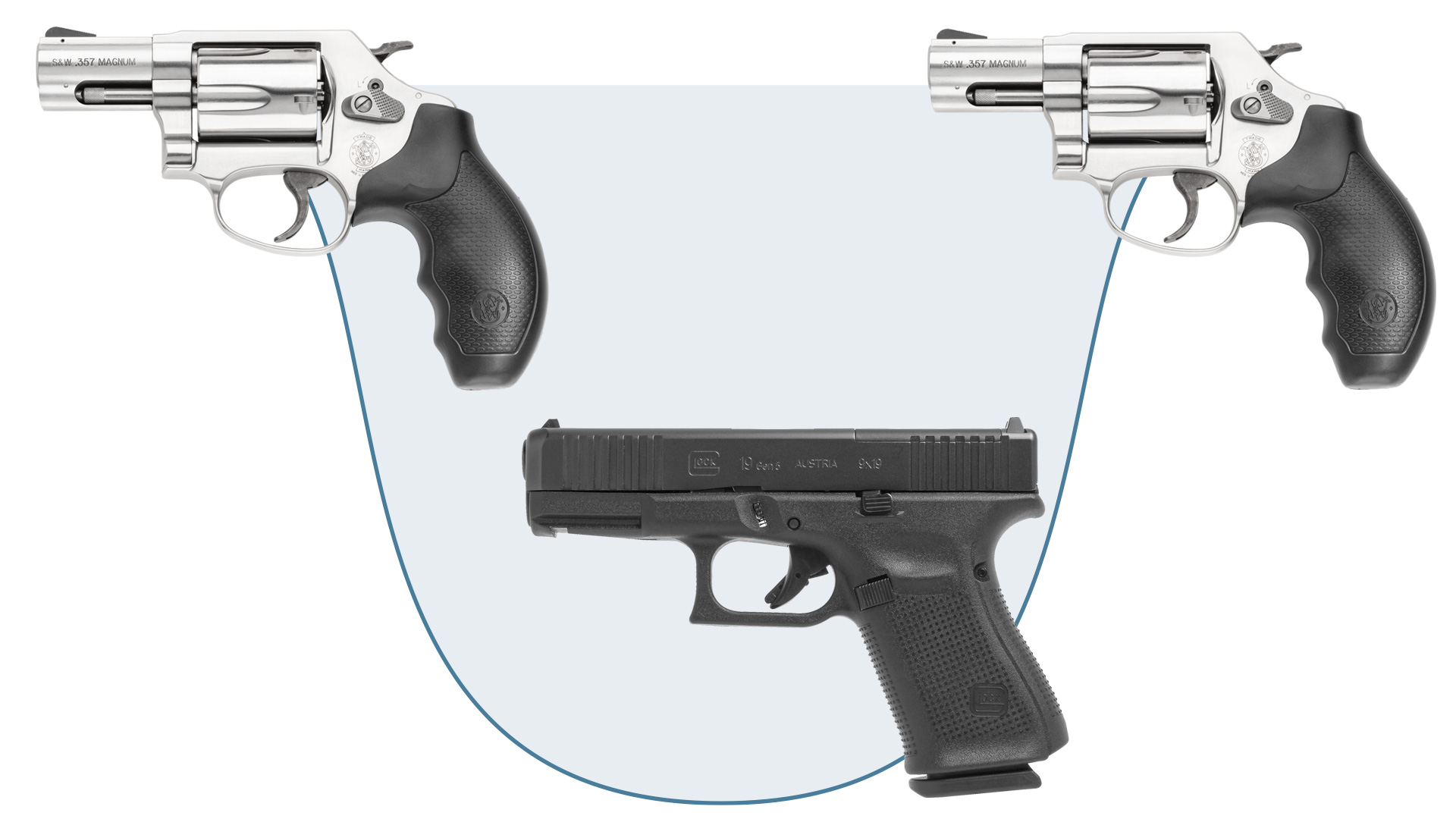 2 revolvers and a pistol graphic